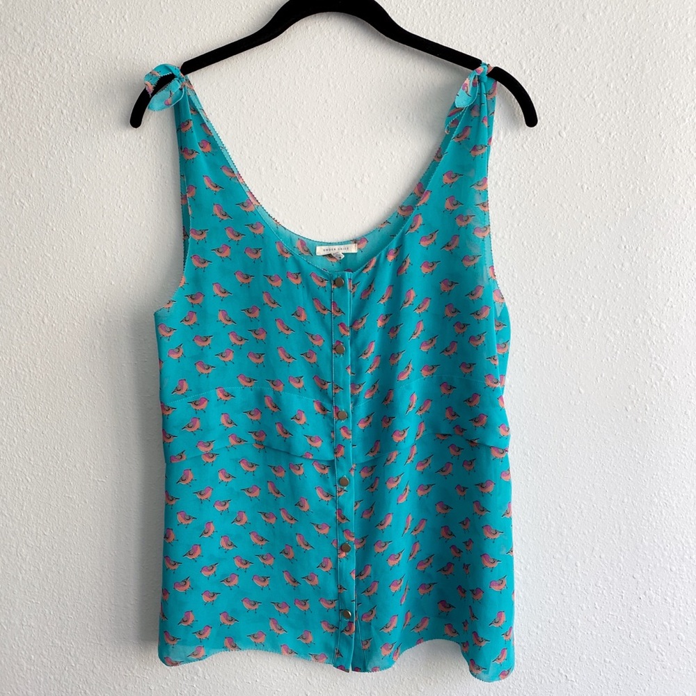 Under Skies Sheer Birdie Tank Top Blue Green Size Small